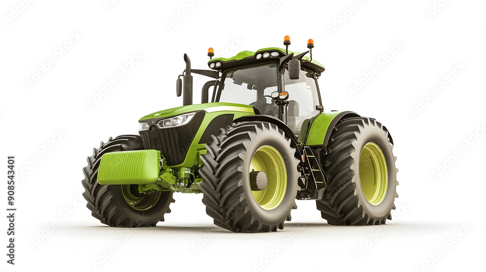 Modern green agricultural tractor in a field - advanced farm machinery for cultivation and Modern green agricultural tractor in a field - advanced farm machinery for cultivation and