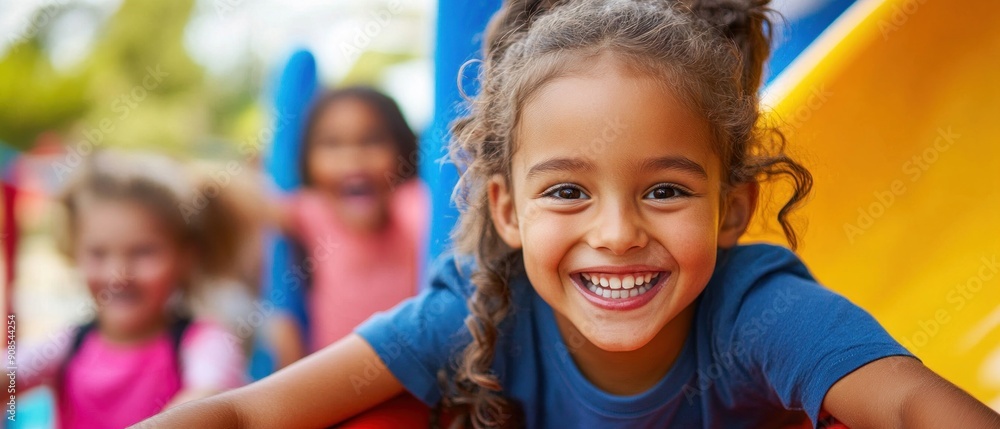 Close-up of children on a playground slide, enjoying the ride with laughter and excitement. The vibrant slide and the children's happy faces are the focal points, with the background subtly blurred Close-up of children on a playground slide, enjoying the ride with laughter and excitement. The vibrant slide and the children's happy faces are the focal points, with the background subtly blurred