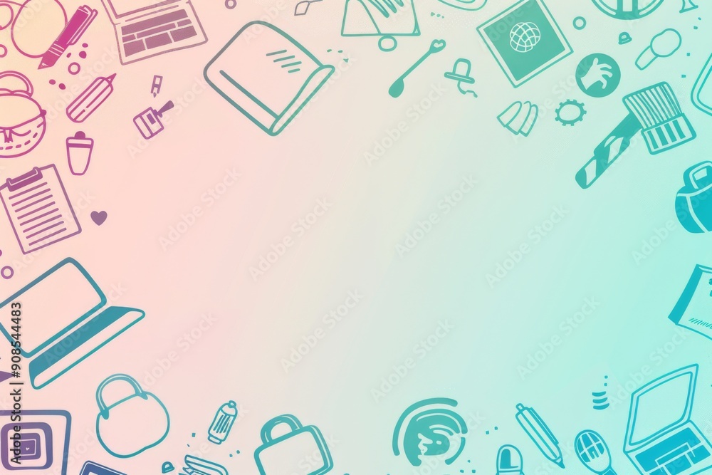 Fototapeta premium Background with icons of e-learning tools such as laptops, tablets, and online class symbols, on a light gradient backdrop
