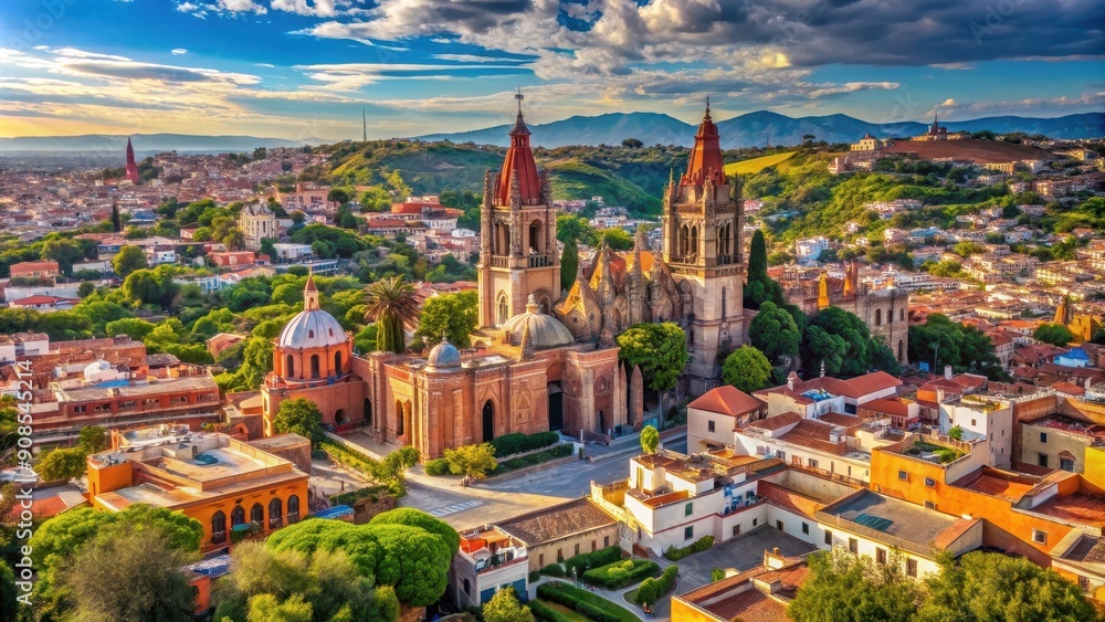Naklejka premium Aerial view of San Miguel de Allende's picturesque downtown and landscape