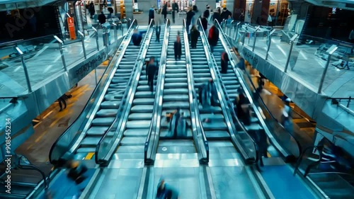 A busy subway station with people walking up and down the escalators. Concept of movement and activity, as people are rushing to catch their trains or simply going about their day