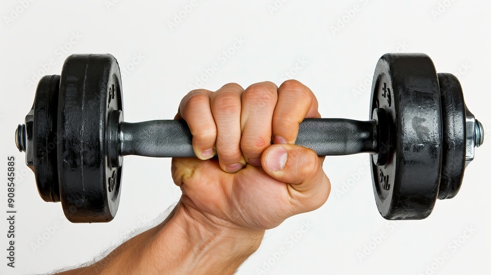 Close up of muscular male hand gripping dumbbell with bent arm on white background Close up of muscular male hand gripping dumbbell with bent arm on white background