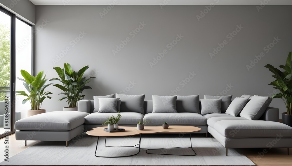 A modern living room with a large gray sofa, a potted plant, and a minimalist decor style A modern living room with a large gray sofa, a potted plant, and a minimalist decor style