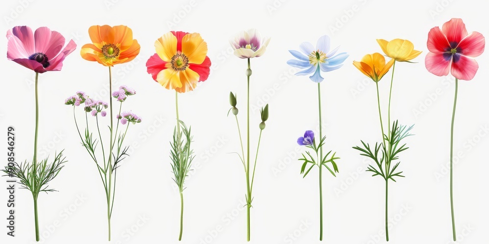 Obraz premium Collection of 2D and 3D Vector Flat Abstract Minimalistic Art of Flowers and Meadow Isolated on a White Background