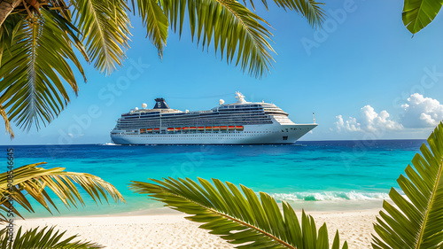 New cruise ship in tropical island lagoon with palm trees with a beautiful sandy beach, surrounded by turquoise sea water. Summer travel tourism concept, family, couples vacation design. AI generated