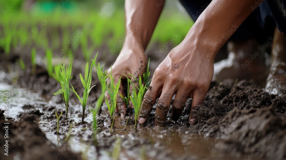 Cultivating Tradition: Close-up of Hands Planting Rice Seedlings in a Wet Paddy Field to Showcase Traditional Farming Techniques Cultivating Tradition: Close-up of Hands Planting Rice Seedlings in a Wet Paddy Field to Showcase Traditional Farming Techniques
