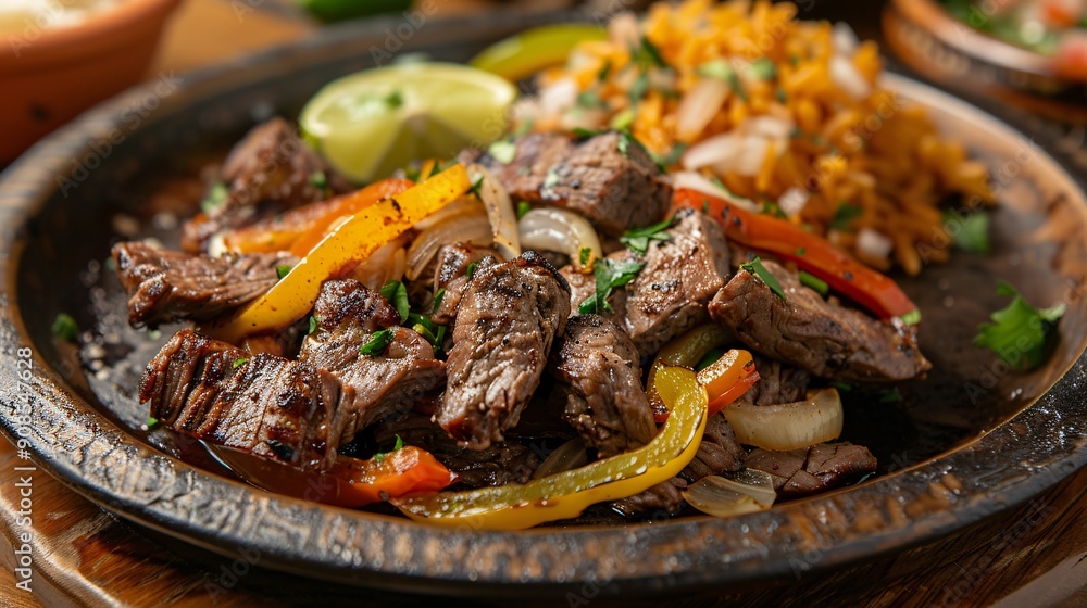 Flavorful sizzling carne asada with grilled onions and bell peppers on a plate Flavorful sizzling carne asada with grilled onions and bell peppers on a plate