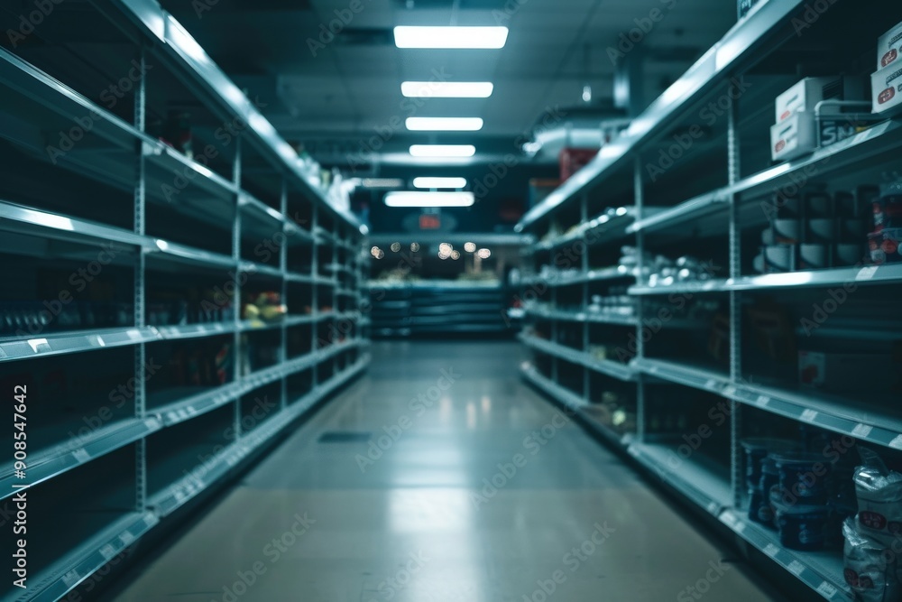 A stark image of empty grocery store shelves, representing supply chain disruptions and economic collapse A stark image of empty grocery store shelves, representing supply chain disruptions and economic collapse