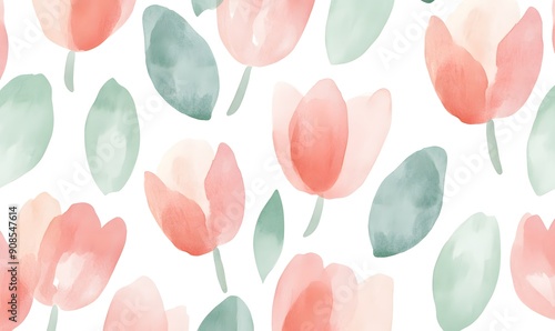 cute watercolor pattern of cute dispersed minimalistic tulips, Generative AI