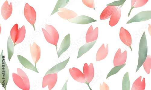 cute watercolor pattern of cute dispersed minimalistic tulips, Generative AI