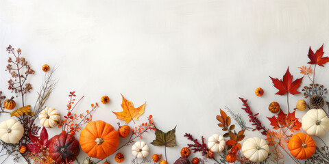  little autumn decoration border only reaching in a litte, with pumpkins and maple leaves only on the border of a big wide white background. AI generative.