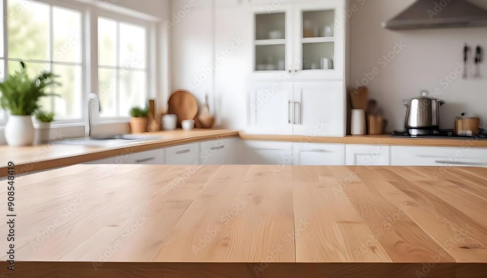 A wooden table top in the foreground with a blurred kitchen interior in the background, including white cabinets, a window, and some decorative item A wooden table top in the foreground with a blurred kitchen interior in the background, including white cabinets, a window, and some decorative item