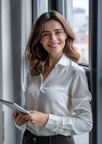 A young happy business woman holding Tablet Free Download A young happy business woman holding Tablet - GFXLoad
