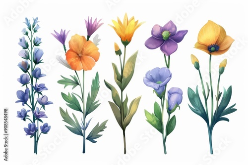 Collection of 2D and 3D Vector Flat Abstract Minimalistic Art of Flowers and Meadow Isolated on a White Background