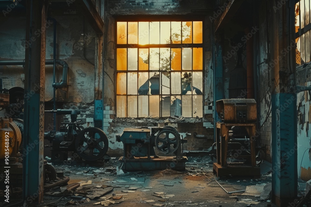 A desolate image of a closed factory with rusting machinery and broken windows, highlighting industrial decline