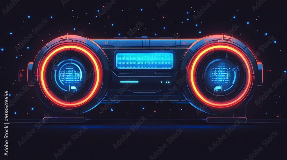 Fototapeta premium Futuristic spaceship with glowing lights in dark space.