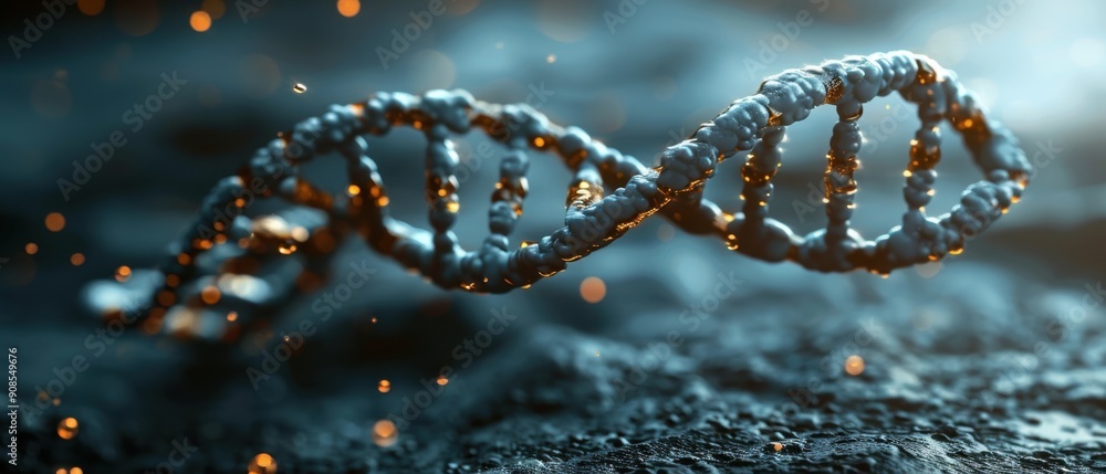 3D rendering of a DNA helix structure with particles and blue bokeh background, representing biotechnology and genetic research. 3D rendering of a DNA helix structure with particles and blue bokeh background, representing biotechnology and genetic research.