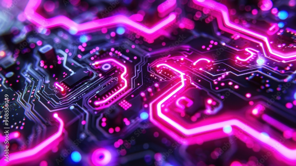 Close-up of illuminated neon circuit board. Glowing pink electronic pathways on a futuristic technology background. Close-up of illuminated neon circuit board. Glowing pink electronic pathways on a futuristic technology background.