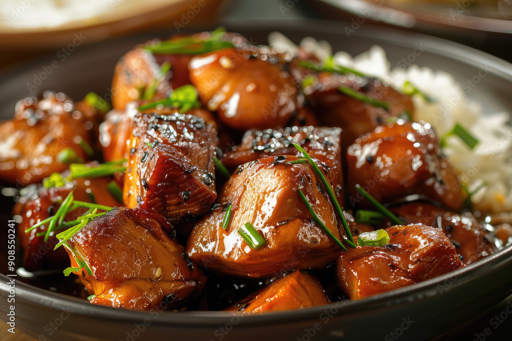 Close-up image of a Filipino adobo dish, chicken or pork in a savory soy sauce marinade, authentic style, stock photo quality Close-up image of a Filipino adobo dish, chicken or pork in a savory soy sauce marinade, authentic style, stock photo quality