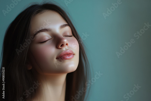 A close up of a girl's face with her eyes closed