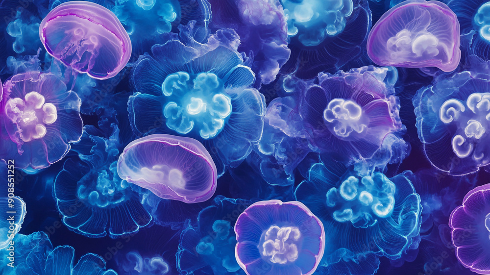 Macro Photography of group of Jellyfish with Translucent Bell in Underwater Ocean Macro Photography of group of Jellyfish with Translucent Bell in Underwater Ocean
