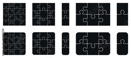 Puzzle pieces 2, 3x2, 3, 3x3, 4x4 isolated on white background. Vector template jigsaw puzzle with right angles, rounded.