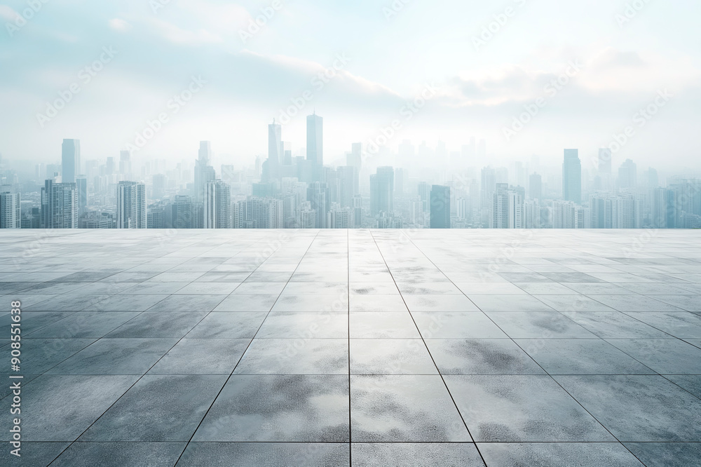 Urban skyline beyond a spacious empty tiled platform, photorealistic style, light cloudy sky background, concept of modernity. Generative AI Urban skyline beyond a spacious empty tiled platform, photorealistic style, light cloudy sky background, concept of modernity. Generative AI