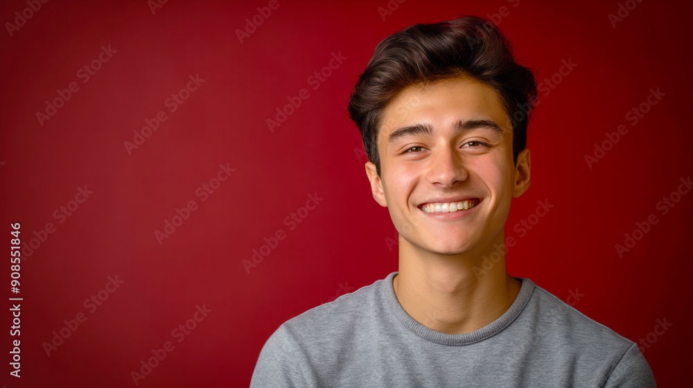 Fototapeta premium Young smiling male portrayed in a studio, vibrant red background, concept of happiness and youth. Generative AI
