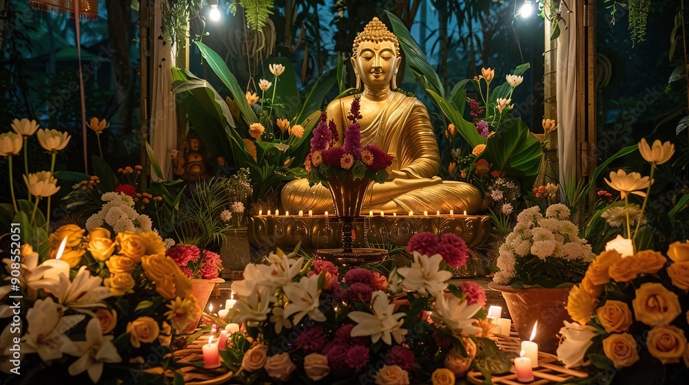 Obraz premium Golden Buddha statue with candles and flowers. Digital Art Concept Illustration