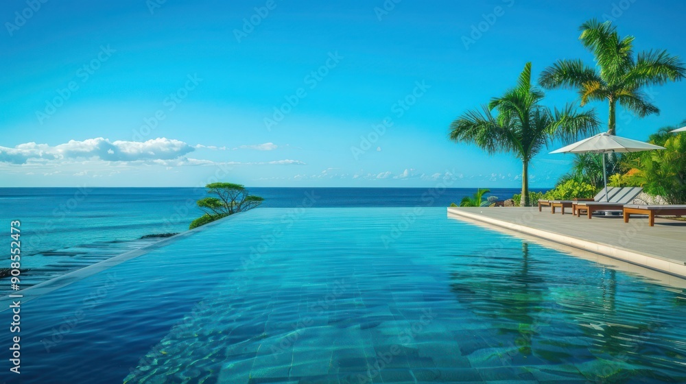 A luxurious infinity pool at a tropical resort on a sunny day. A luxurious infinity pool at a tropical resort on a sunny day.