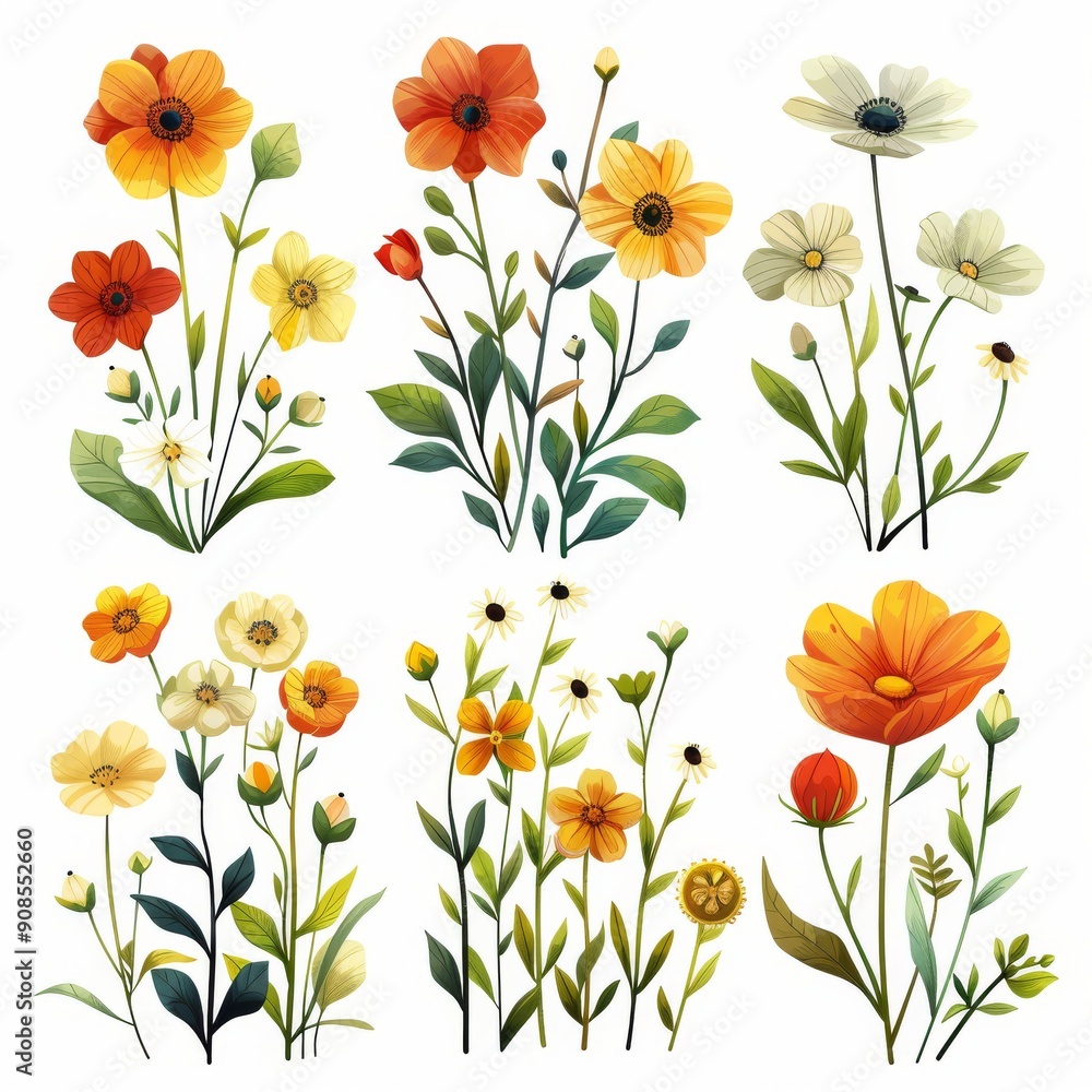 Fototapeta premium Collection of 2D and 3D Vector Flat Abstract Minimalistic Art of Flowers and Meadow Isolated on a White Background