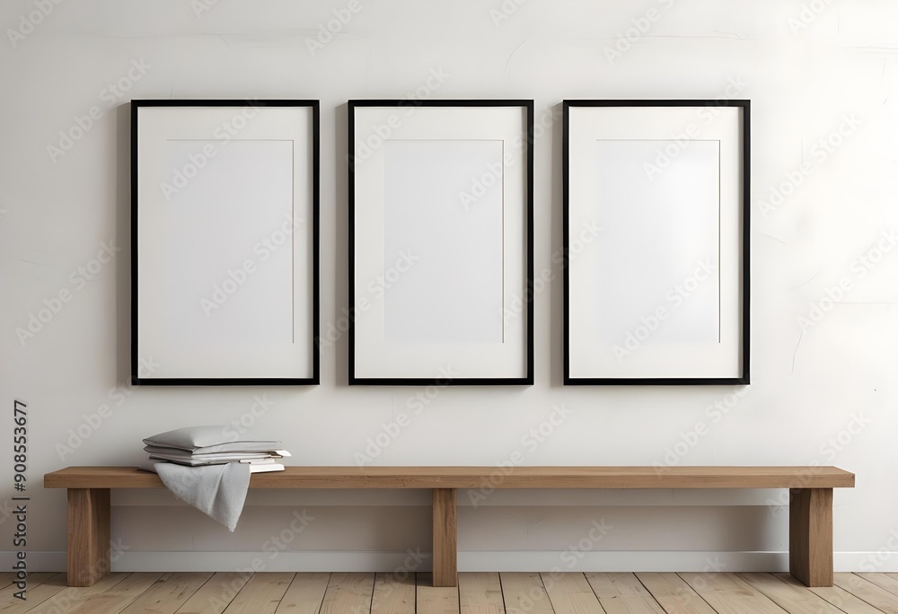 Three blank picture frames on a wall above a wooden bench Three blank picture frames on a wall above a wooden bench
