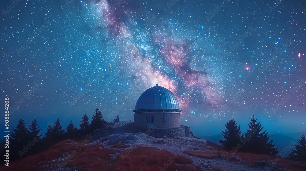 Obraz premium Astronomical observatory is perched on a mountaintop, observing the milky way galaxy illuminating the night sky