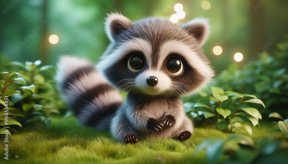 Adorable 3d furry racoon with big eyes on grass in a forest Adorable 3d furry racoon with big eyes on grass in a forest