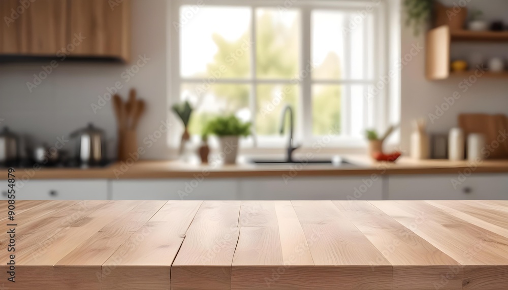 Wooden table top with blurred kitchen interior in the background Wooden table top with blurred kitchen interior in the background
