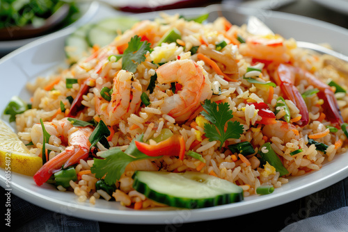 Detailed view of Thai Fried Rice (Khao Pad), with shrimp and vegetables, garnished with cucumber and lemon, stock photo style