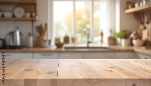 Wooden table top with blurred kitchen interior in the background