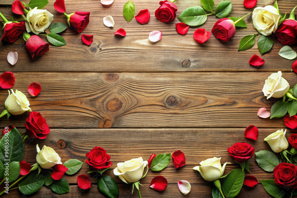 Flat layout design featuring a red rose and a white rose arranged ...