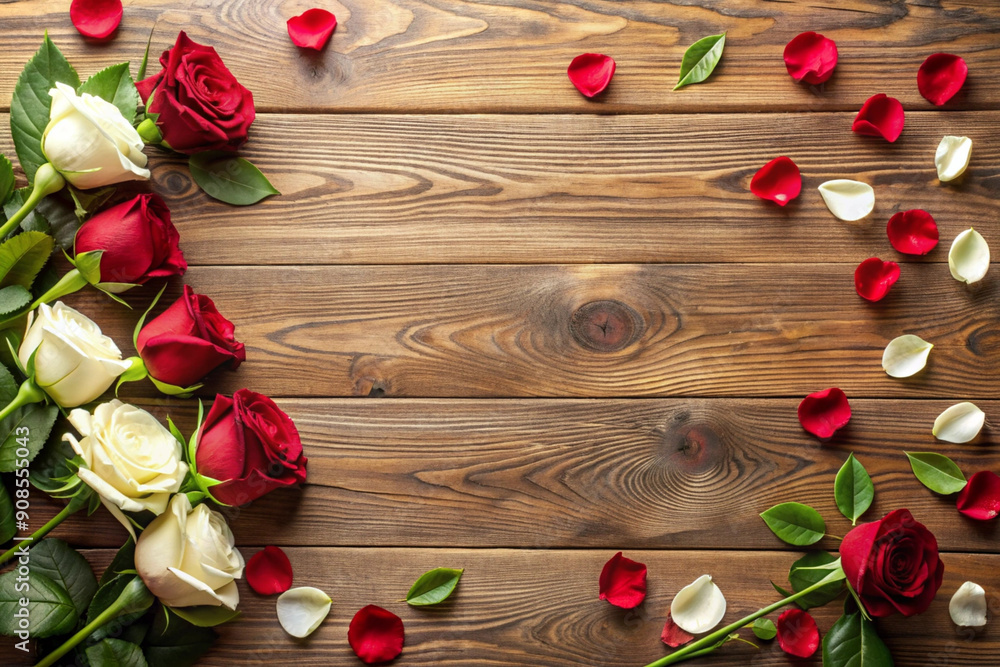 Flat layout design featuring a red rose and a white rose arranged ...