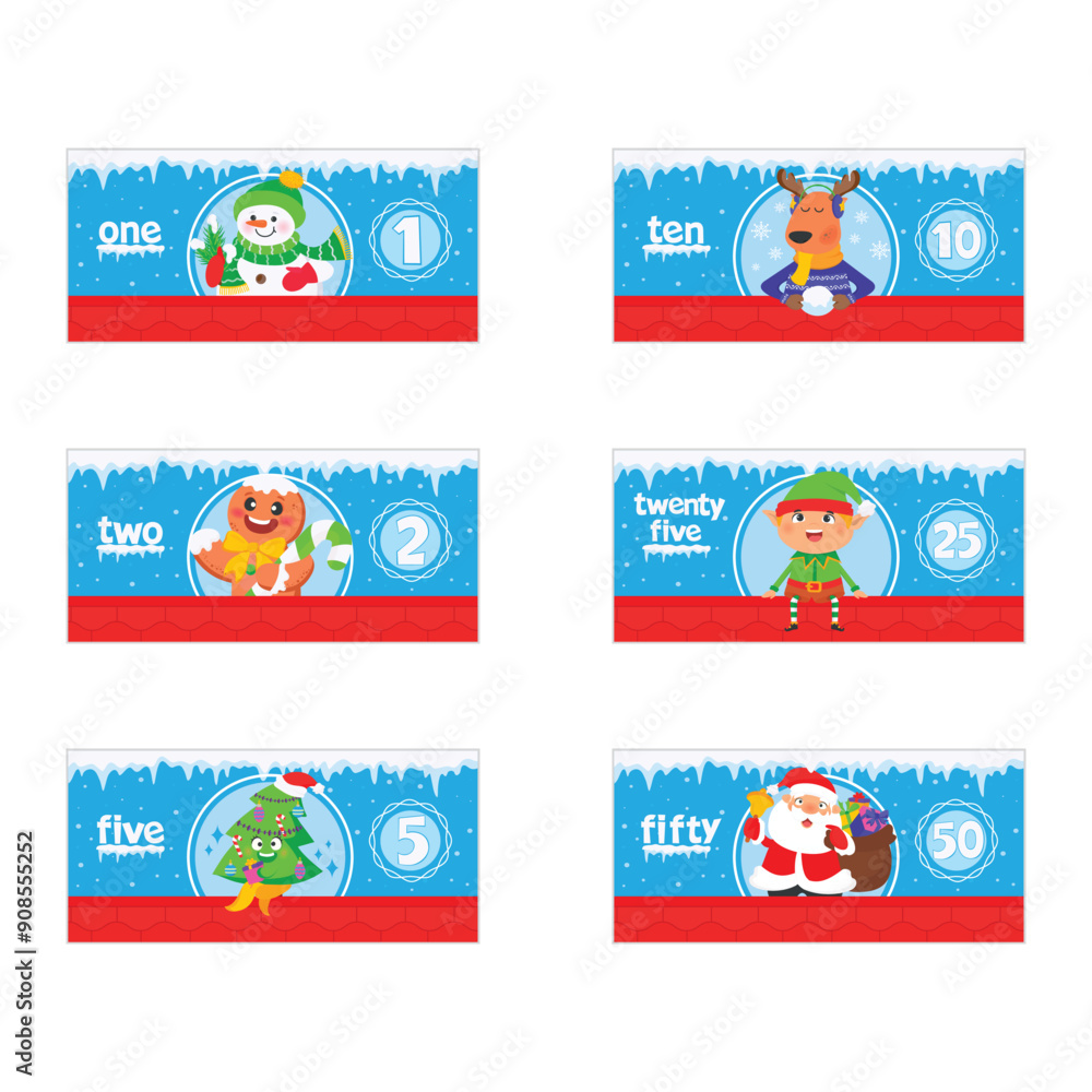 Naklejka premium Printable dollar cash with children's Christmas characters: Santa, Christmas tree, snowman, elf, reindeer.