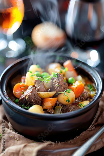 rustic steaming Flemish beef stew. AI generative.