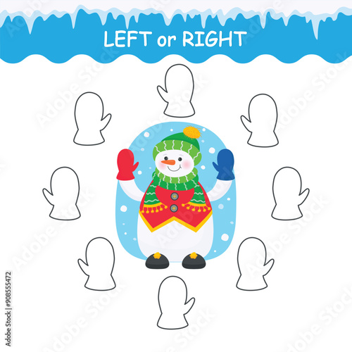 An educational game for children to develop attention. Right left. Snowman. Color according to the sample. Christmas printable sheet