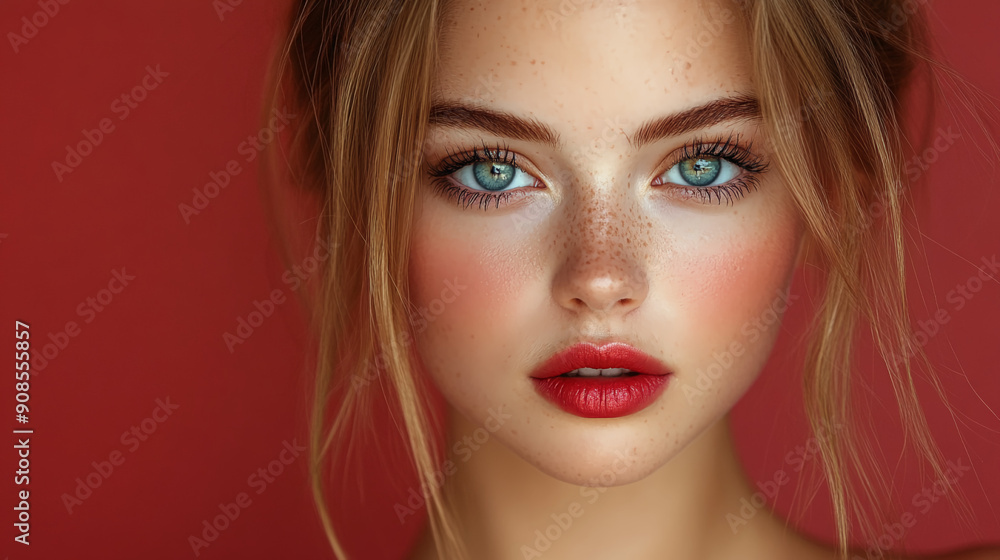 Fototapeta premium Beautiful girl with beautiful makeup, Lips painted boldly with a brilliant red lipstick 