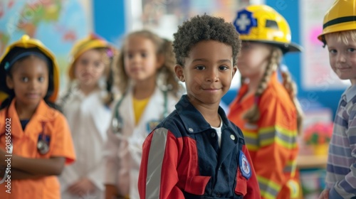 A classroom scene on Labor Day where children are dressed up in the uniforms of different professions they aspire to, learning about various careers.