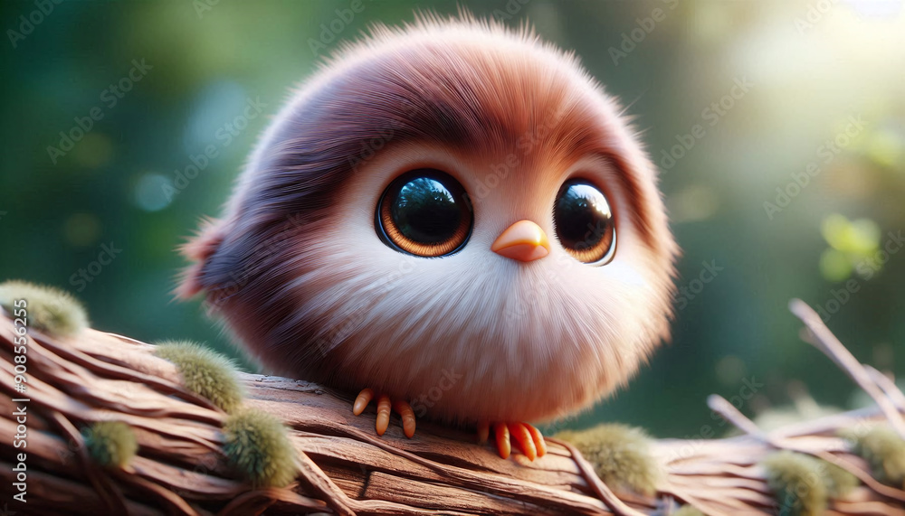 Adorable 3d furry sparrow with big eyes on tree in a forest Adorable 3d furry sparrow with big eyes on tree in a forest