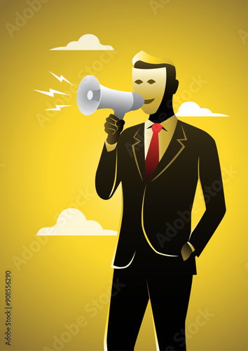 Masked businessman using megaphone conveying fake news