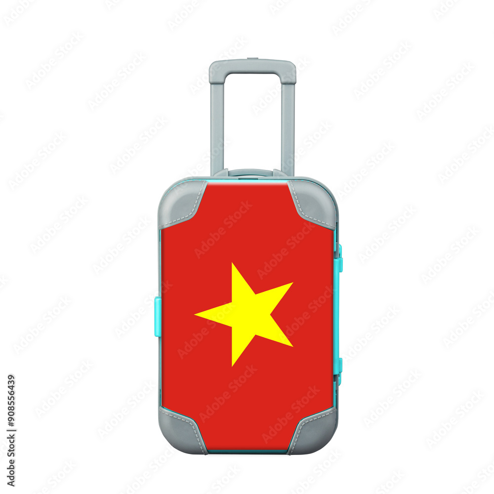 Obraz premium Travel suitcase in the colors of the Vietnam flag. Isolated on a white background. Trips. Design