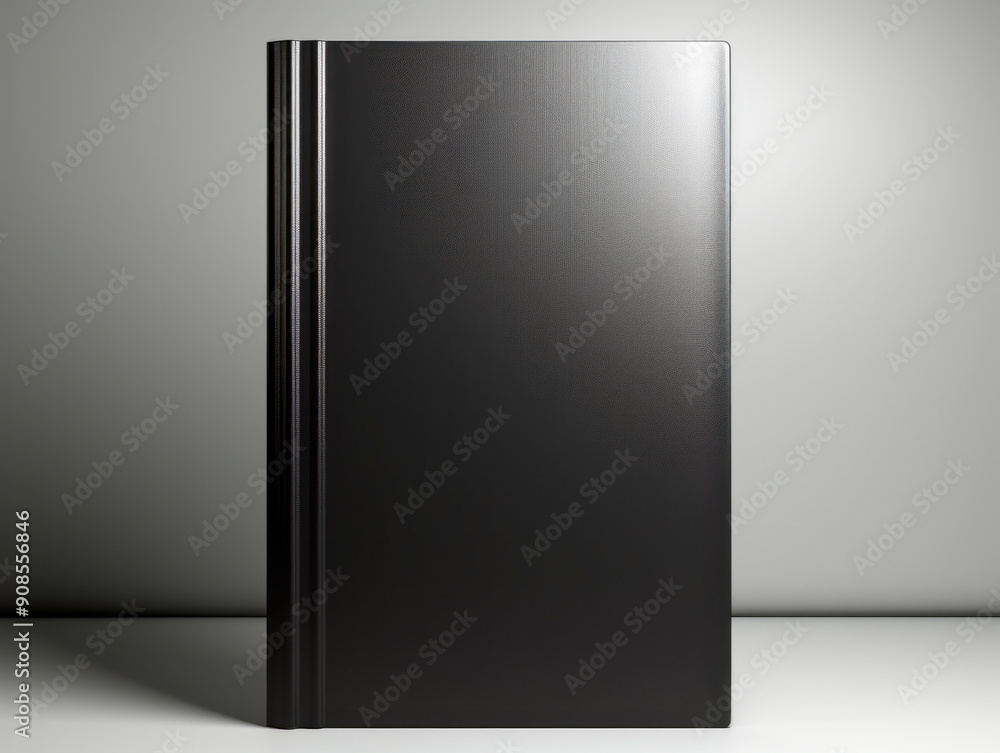 A black book mockup standing upright on a gray background, concept of branding presentation. Generative AI A black book mockup standing upright on a gray background, concept of branding presentation. Generative AI