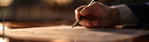 Close-up of a hand writing with a pen on paper in a warm, dimly lit environment, capturing the essence of creativity and focus.