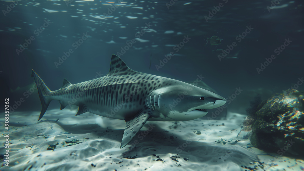 Naklejka premium Tiger Shark Patrolling Ocean Floor with Quiet Strength